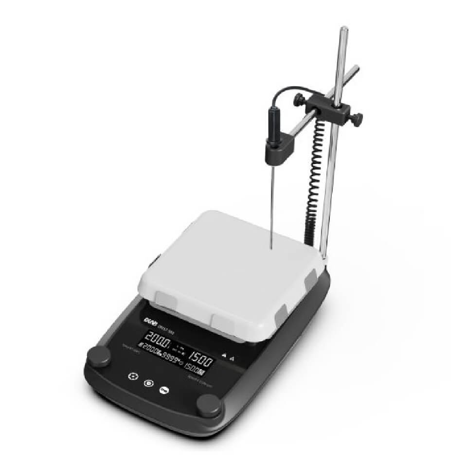 Magnetic stirrer DLAB DMS7-550M (20 l, 50...1100 rpm, 550 °C), art. 8021482211; with temperature sensor and tripod (package), art. 8121482211