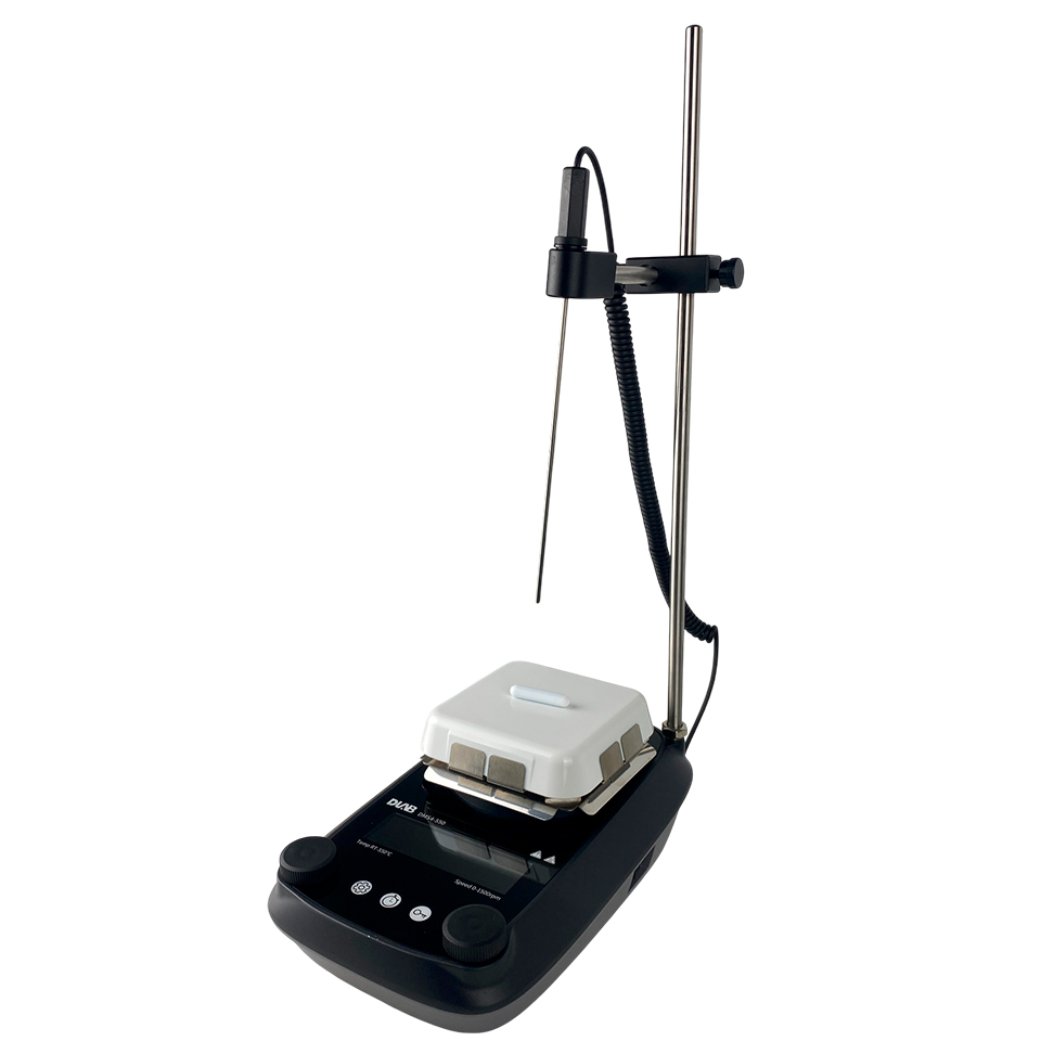 Magnetic stirrer DLAB DMS4-550 package (10 l, 50...1500 rpm) with temperature sensor RT1000 and tripod, art. 8121492211