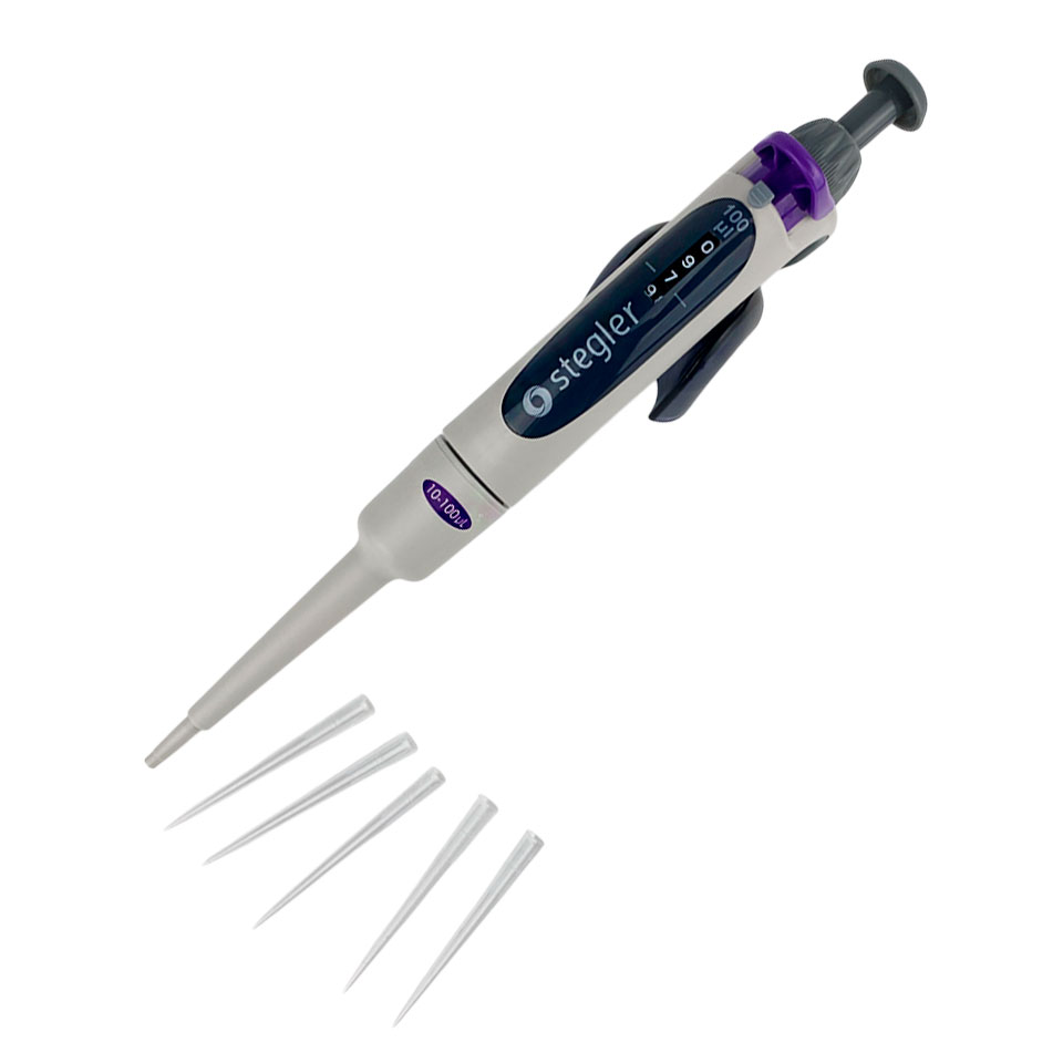 Single-channel variable volume dispenser Stegler SVA-1-10-100 (10-100 µl, fully autoclavable)