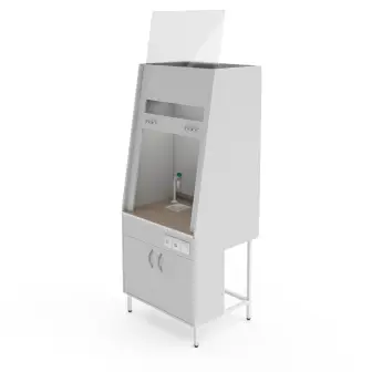 Fume hood with ceramic countertop. tiles, with plumbing fixtures and extractor hood from the lower cabinet Teolab ShV-900 KG-S-V