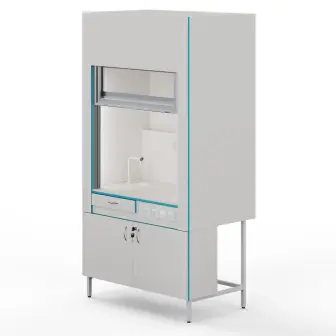 Fume hood with plumbing fixtures and a table top made of monolithic ceramics ShV NVK 1200 MON+